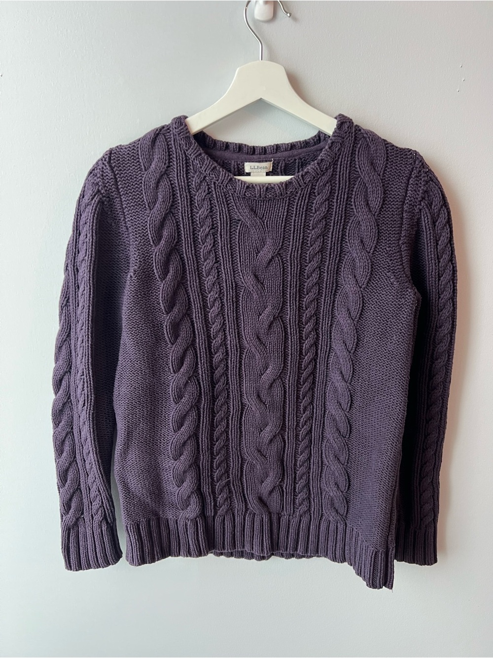 LL Bean 100% Cotton Cable Knit Sweater Purple Grandmacore Preppy Chunky Crewneck